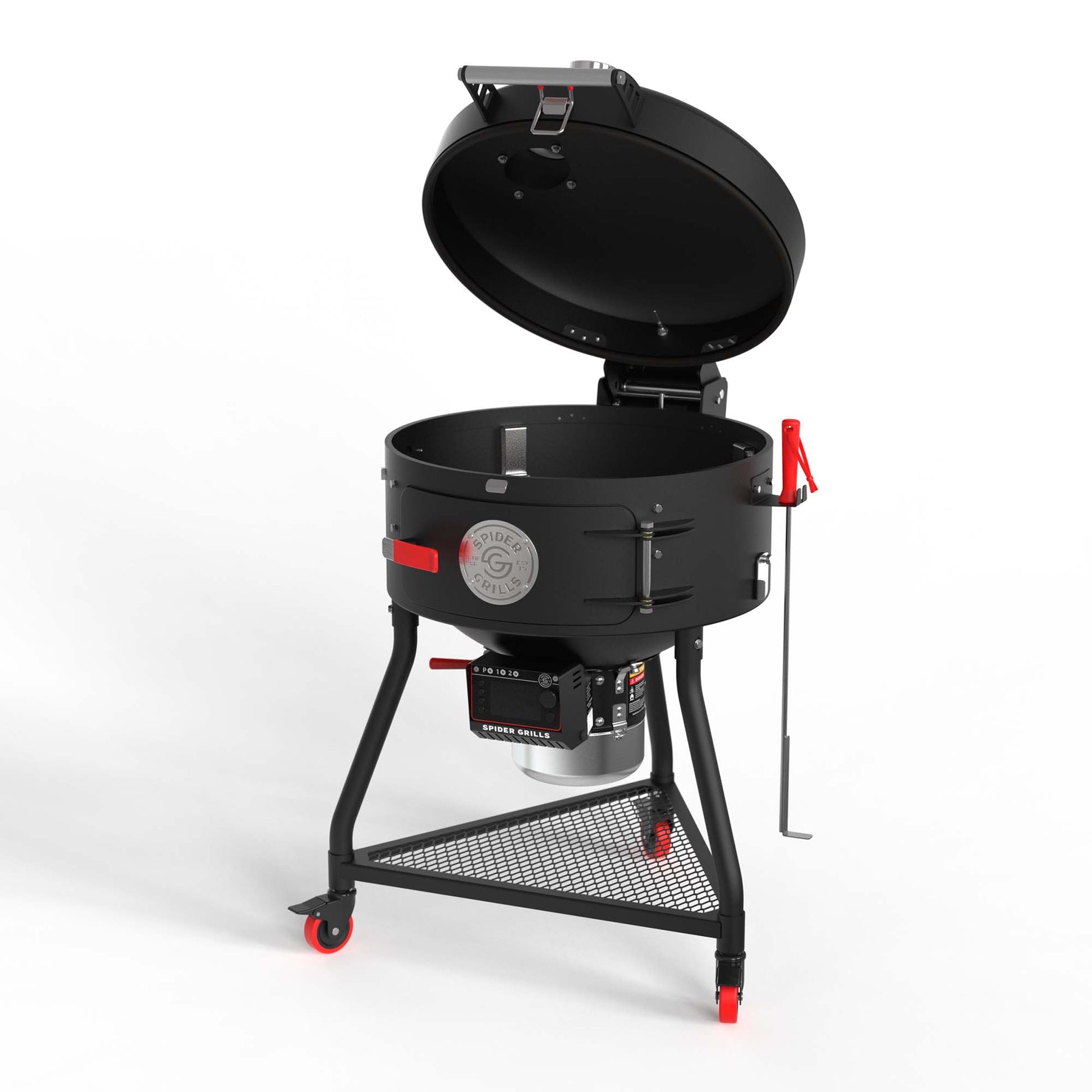 Black barbecue grill with open lid on a white background