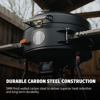 Outdoor grill with durable carbon steel construction text overlay