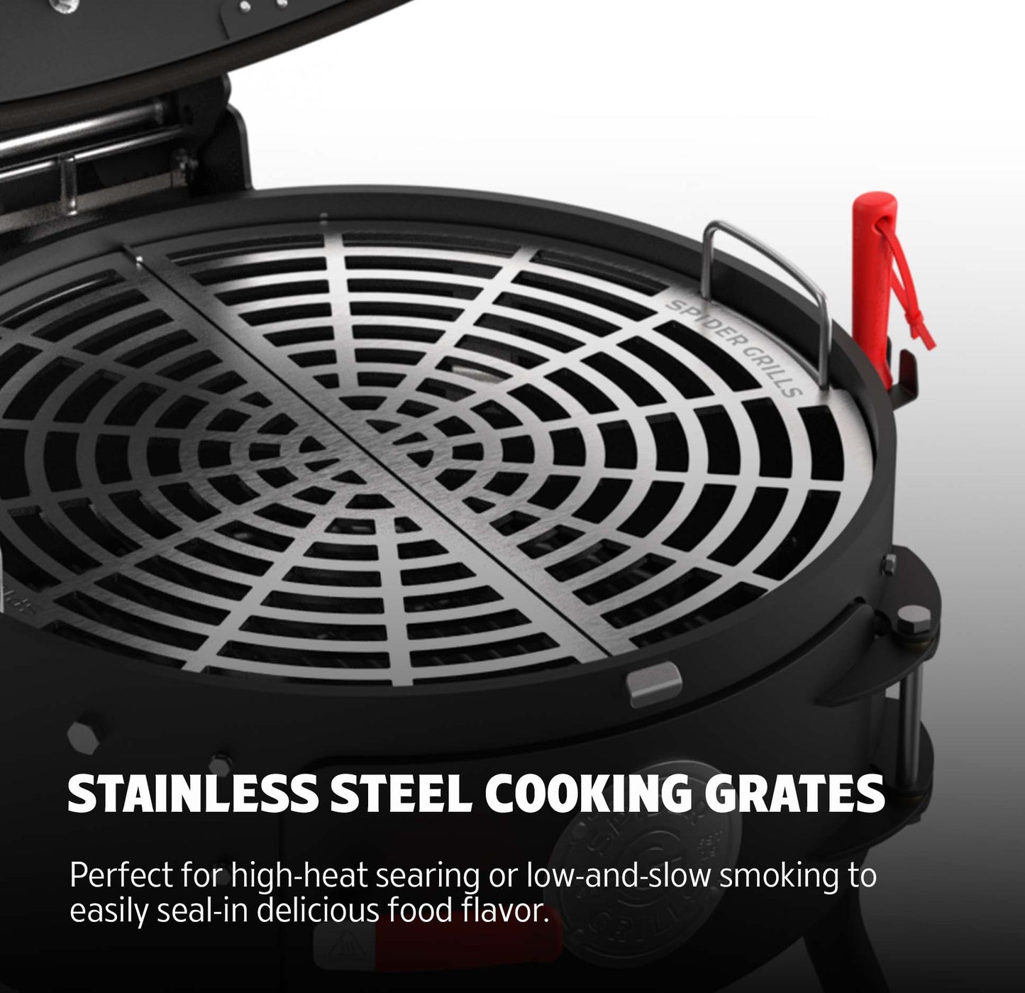 Stainless steel cooking grate on a grill with text highlighting its features.