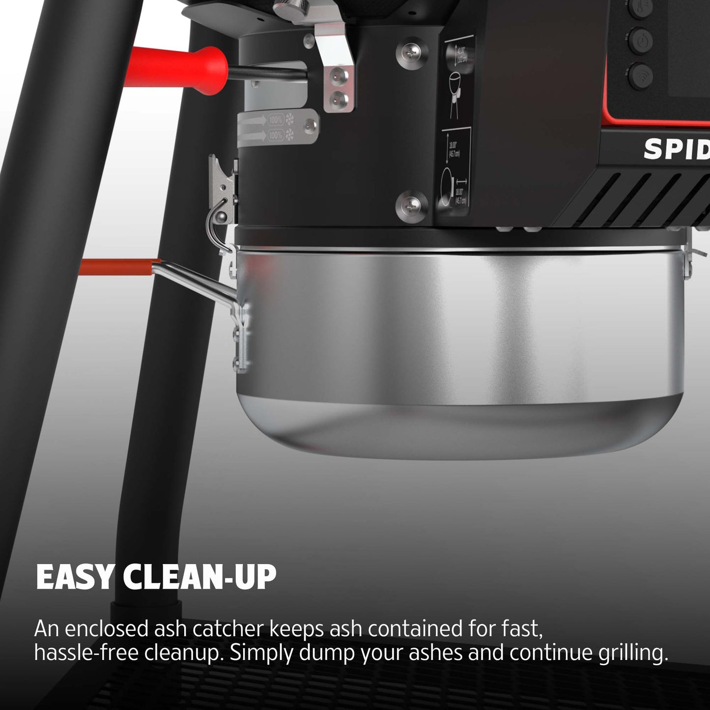 Close-up of a Spider grill with an enclosed ash catcher and text highlighting easy clean-up.