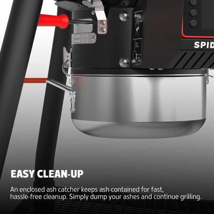 Close-up of a Spider grill with an enclosed ash catcher and text highlighting easy clean-up.