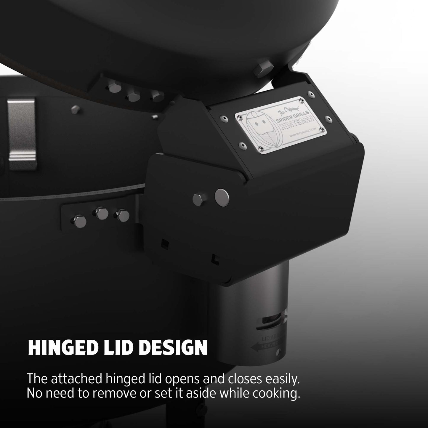 Close-up of a black barbecue grill with a hinged lid design feature.