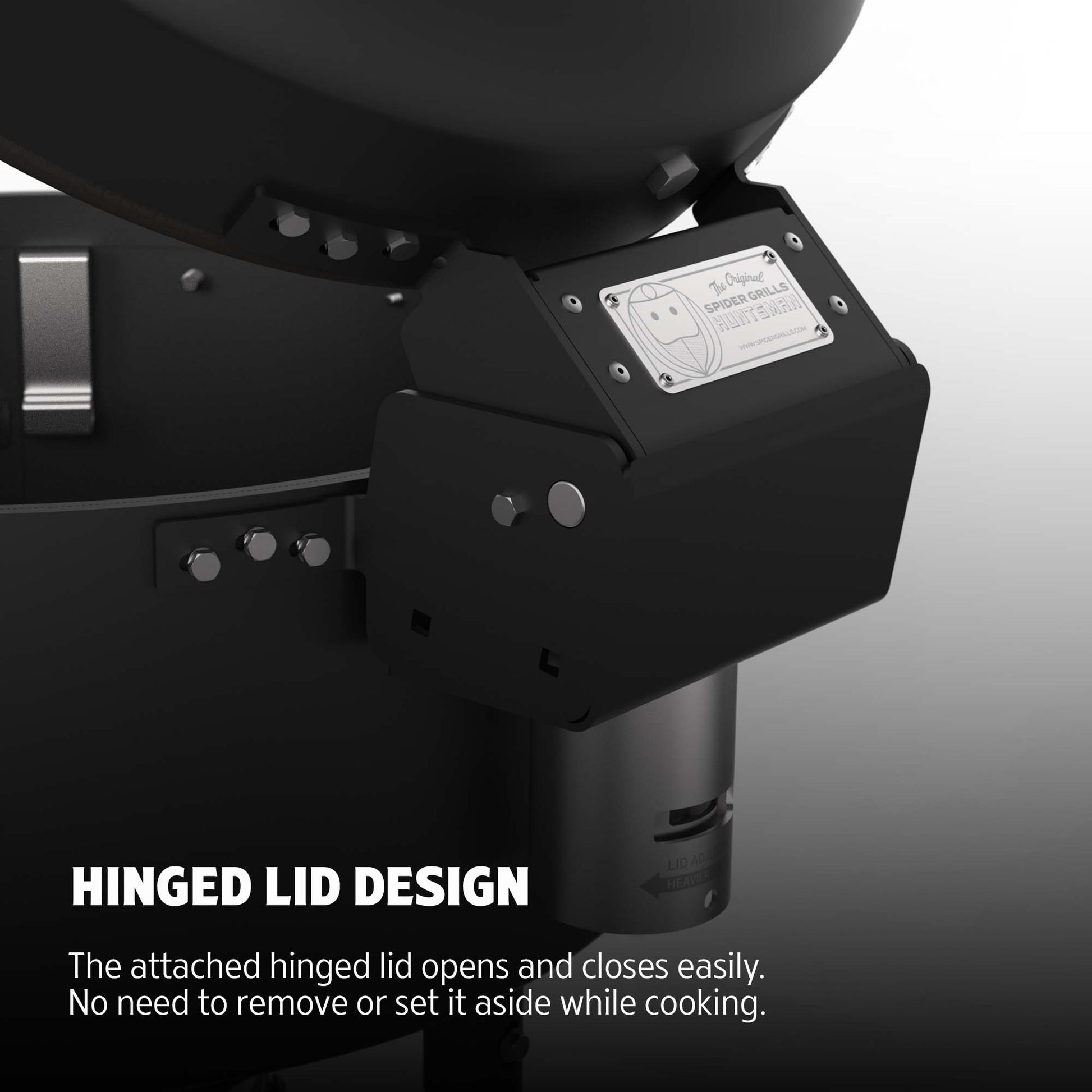 Close-up of a black barbecue grill with a hinged lid design feature highlighted.