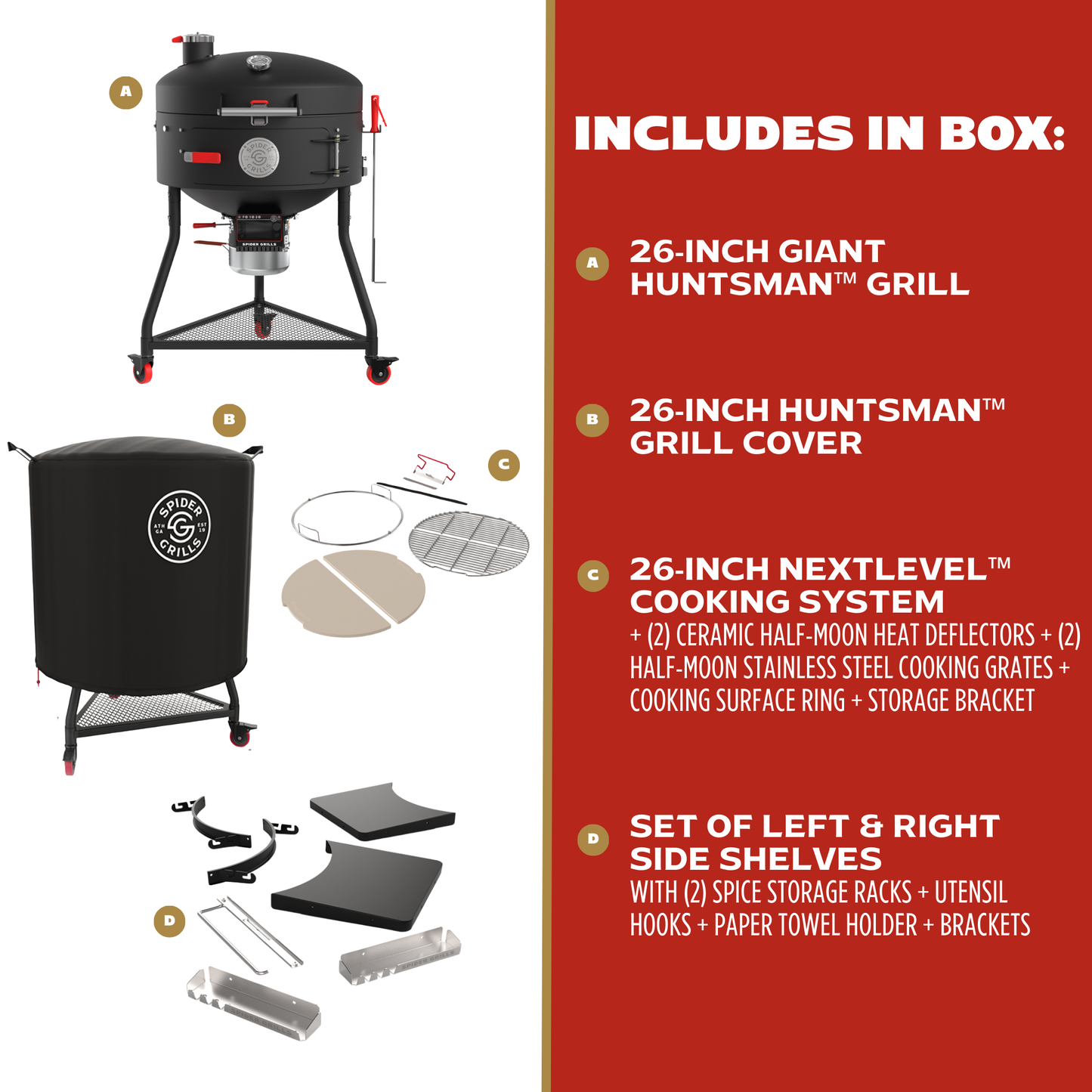 Product packaging list for a 26-inch Huntsman grill with accessories on a white background.