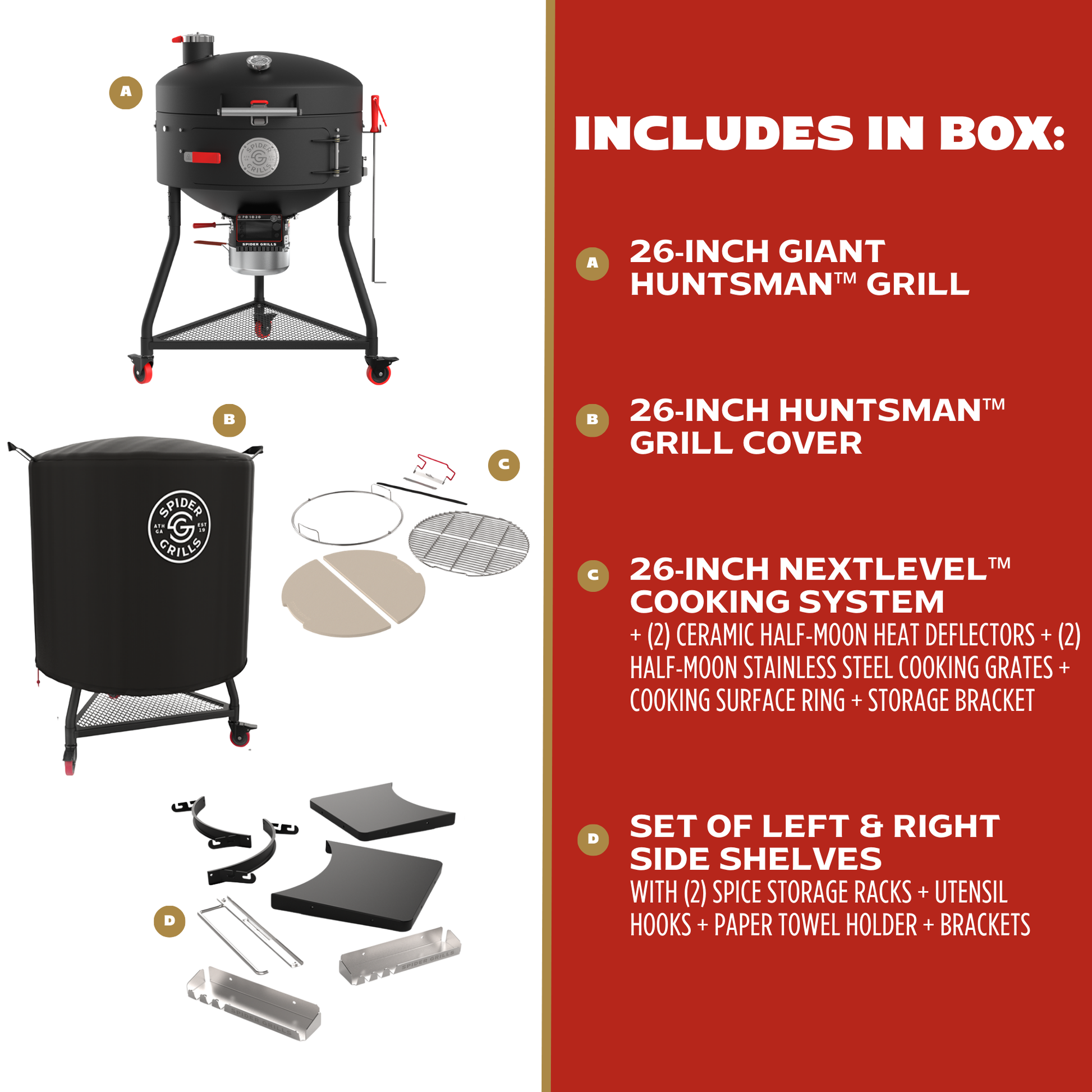 Product packaging list for a 26-inch Huntsman grill with accessories on a white background.