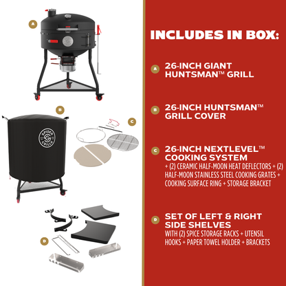 Product packaging list for a 26-inch Huntsman grill with accessories on a white background.