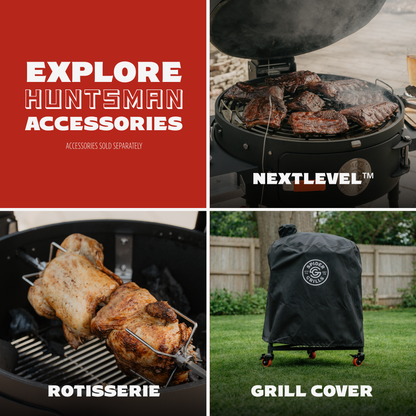 Promotional image of Huntsman accessories for a grill, including rotisserie and cover.