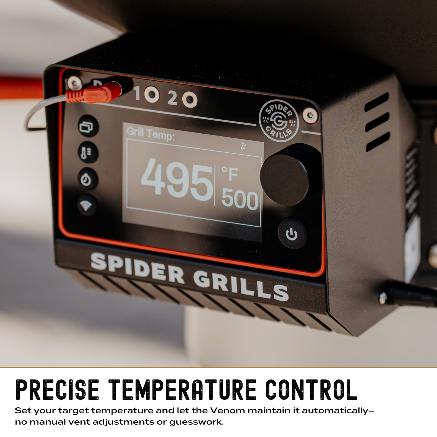 Spider Grills temperature control device with digital display on a neutral background