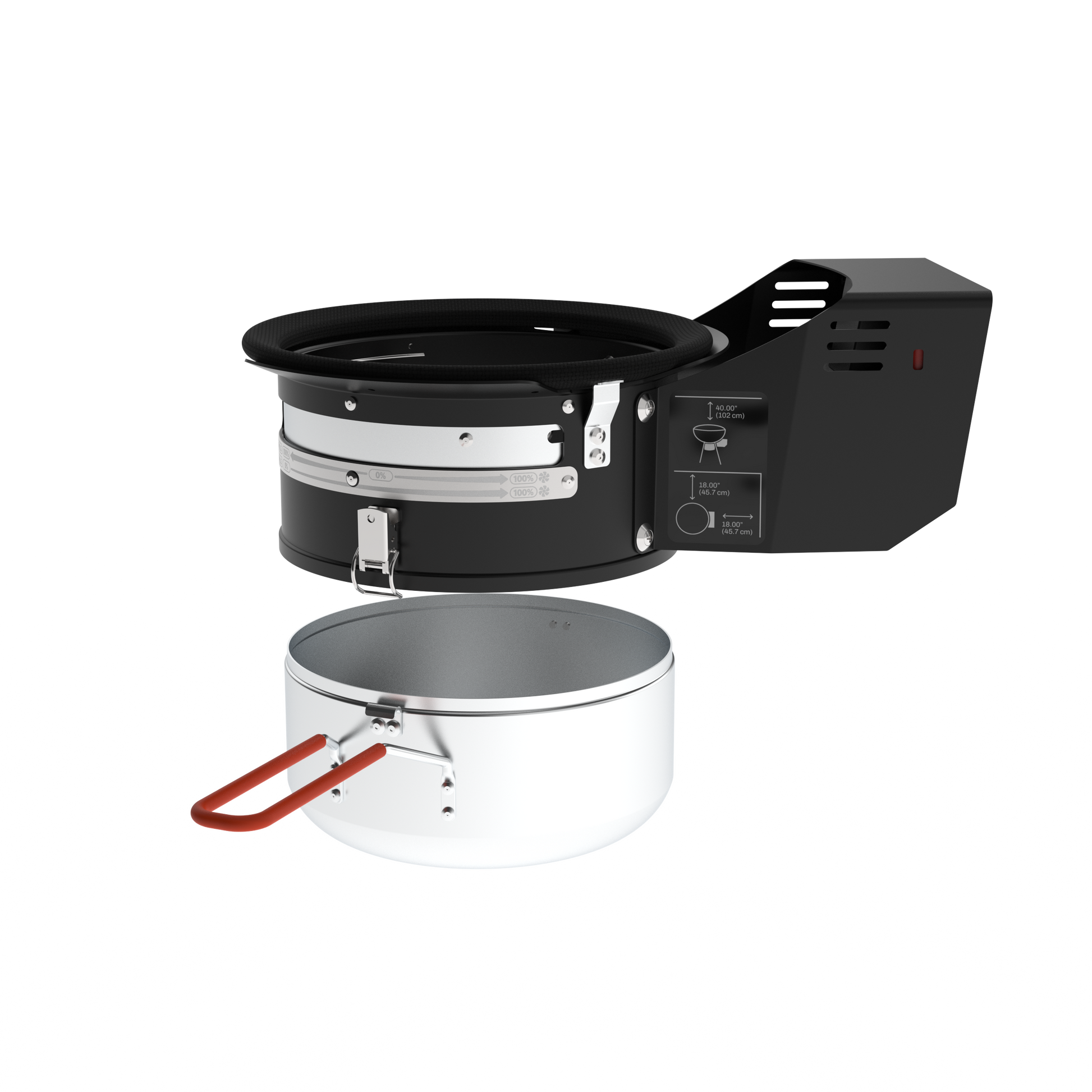 Black and silver portable stove with a pot on a white background