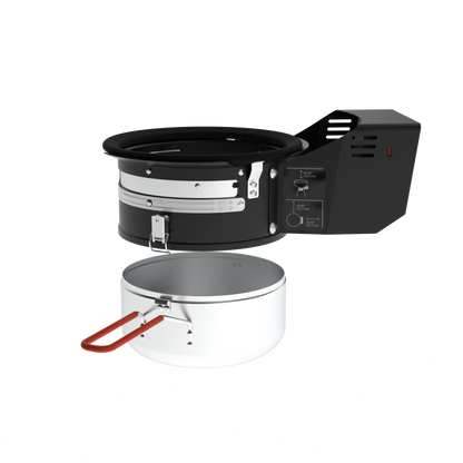 Black and silver portable stove with a pot on a white background