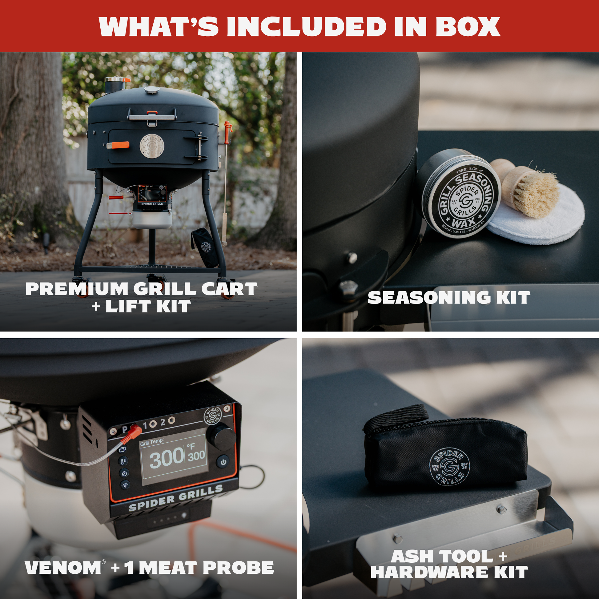 Whats Included in the Giant Huntsman showing the Premium Grill Cart + LiftKit, Seasoning Kit, Venom + 1 Meat Probe, An Ash Tool and Assembly Hardware Kit. 