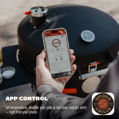 Person using a smartphone app to control a Spider Grills grill, with the app displaying temperature settings.