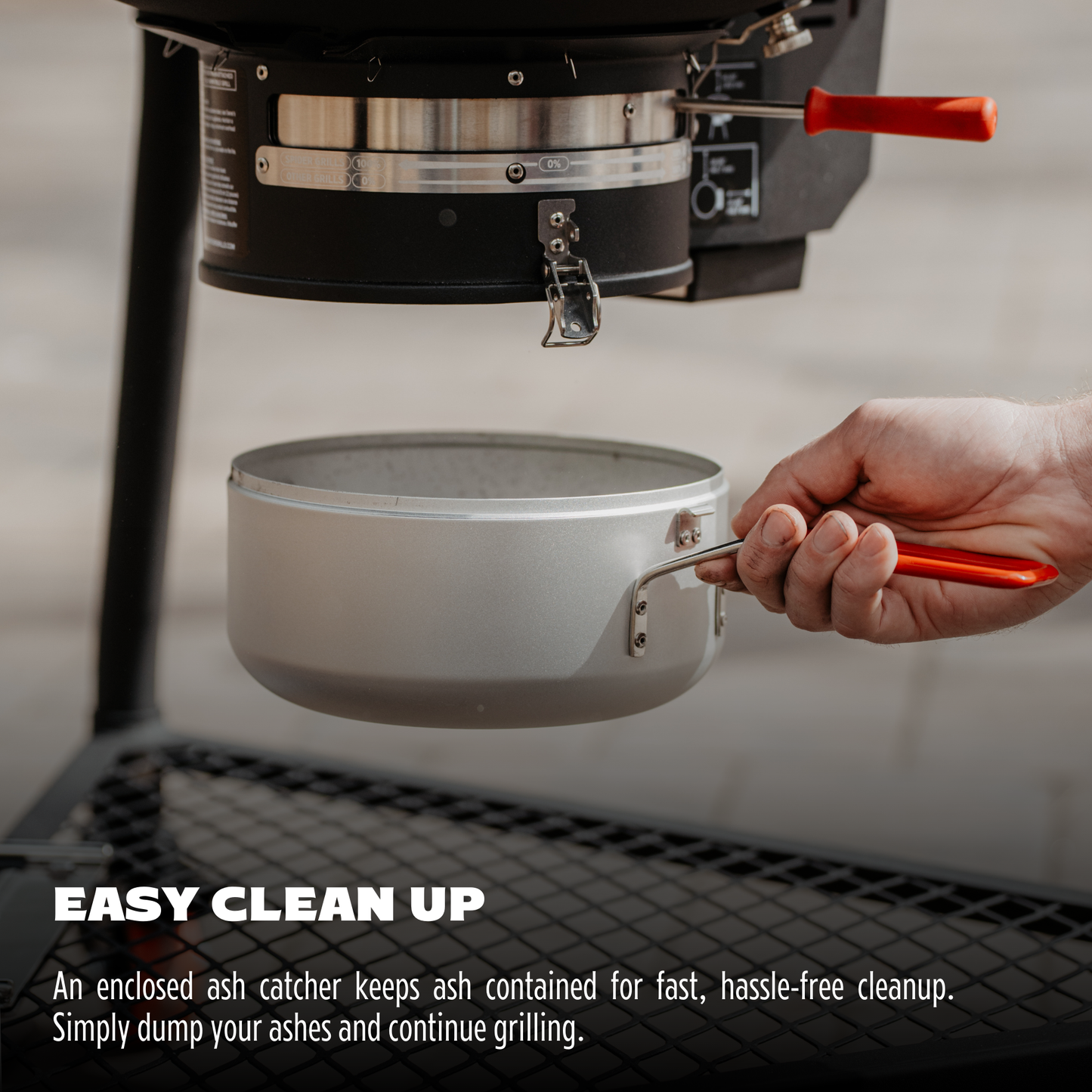 Person holding a metal pot over a grill with text about easy clean up.