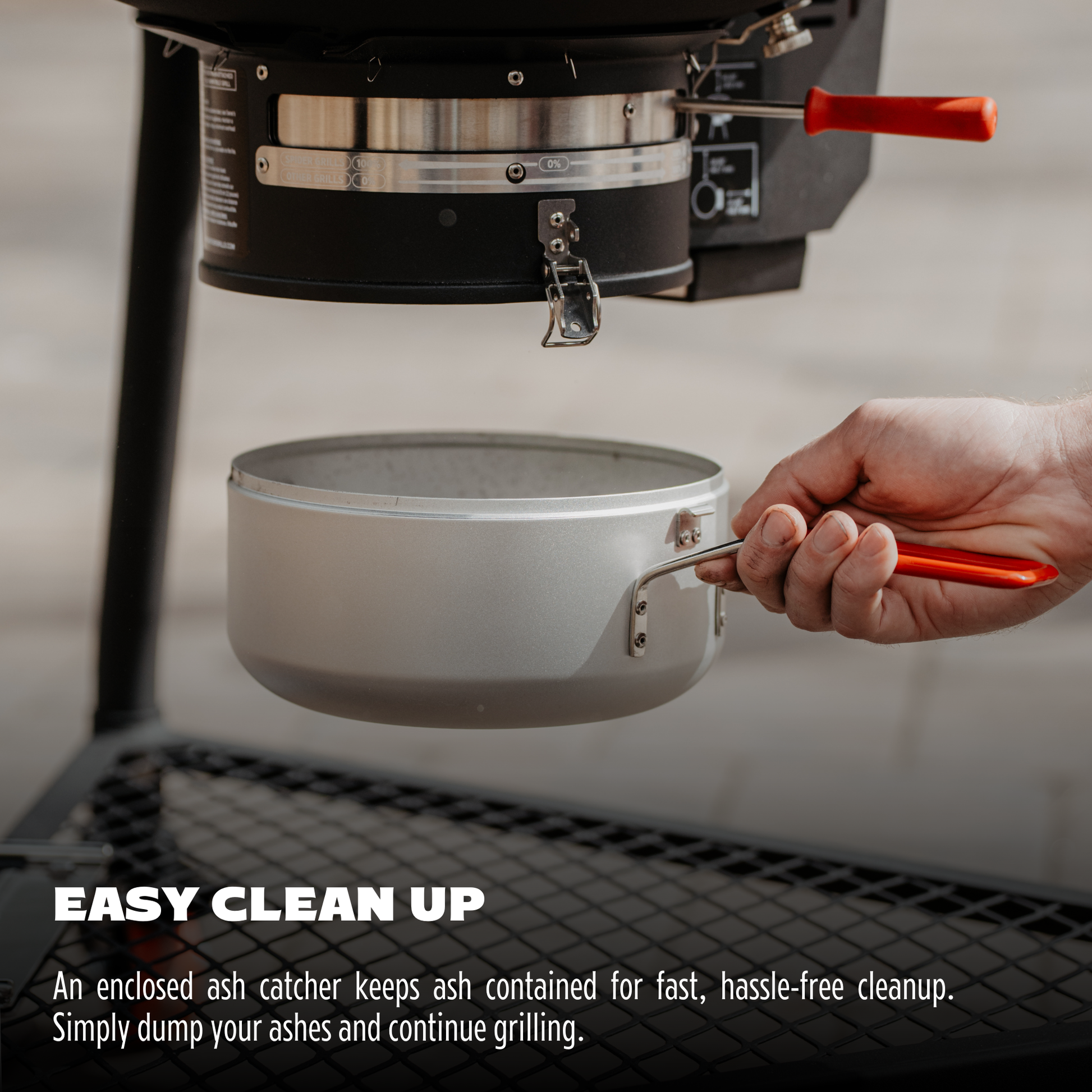 Person holding a metal pot over a grill with text about easy clean up.