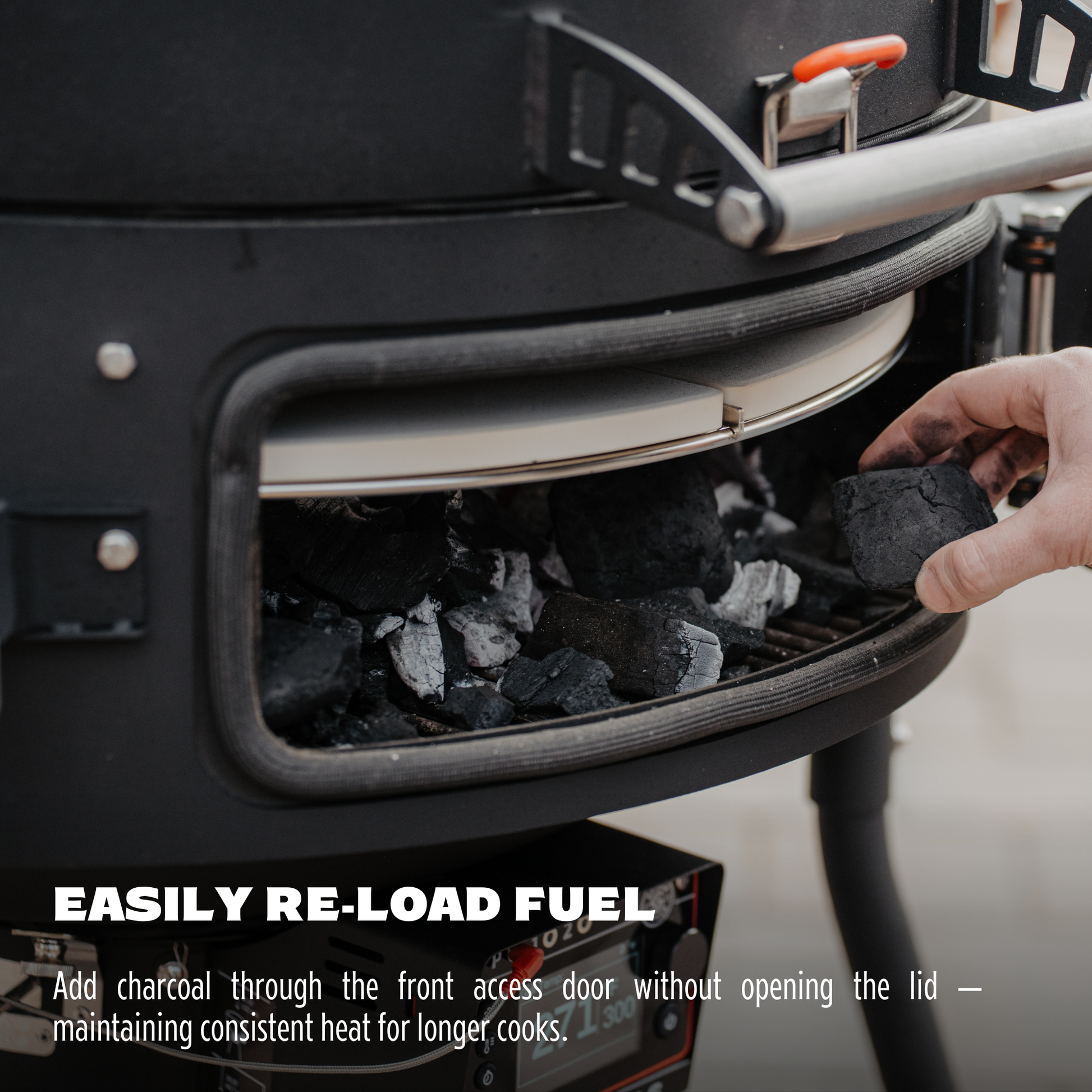 Person reloading charcoal into a grill with text on re-loading fuel.