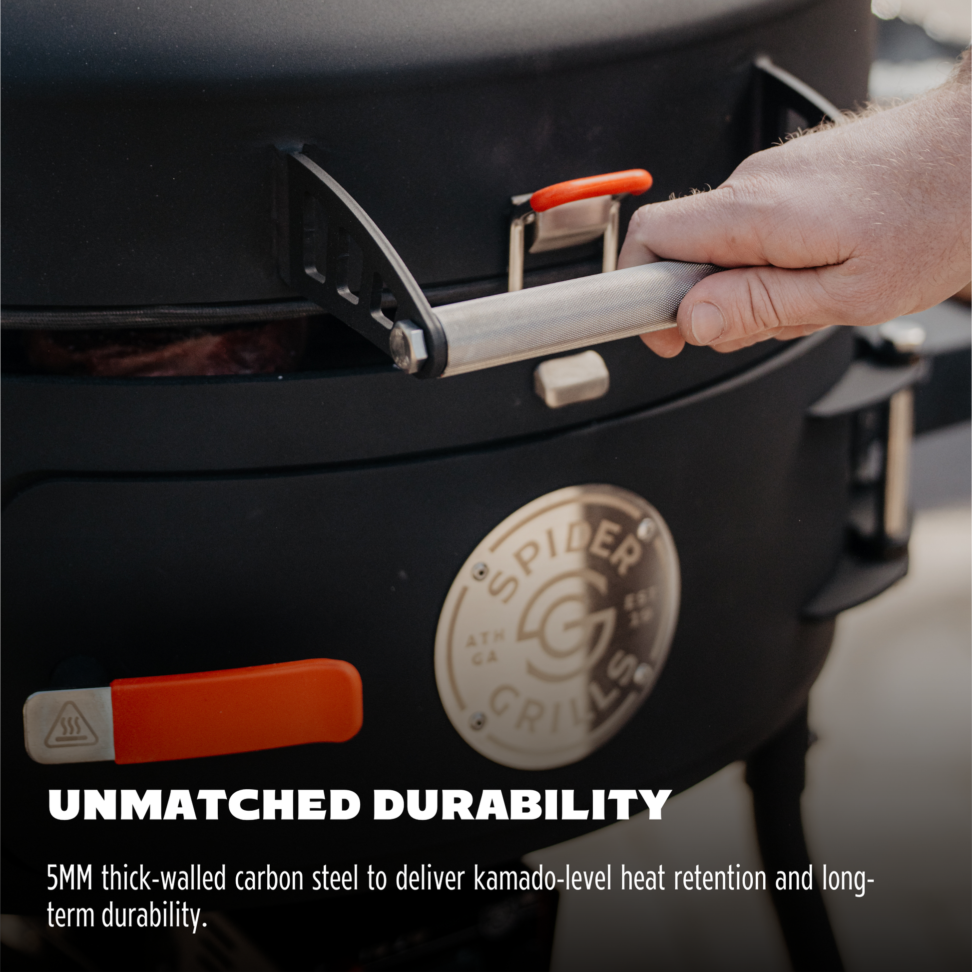 Person opening a Spiber Grill with text highlighting unmatched durability.