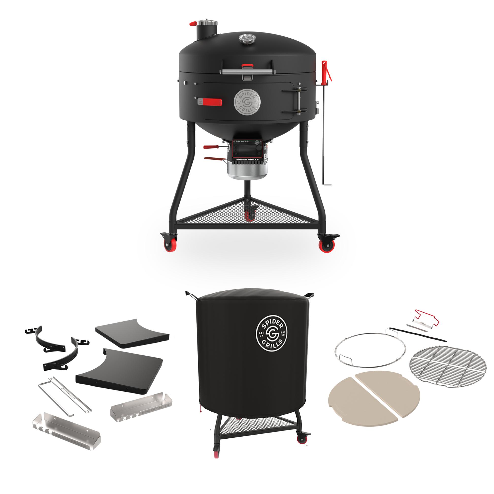 Black smoker grill with accessories on a white background