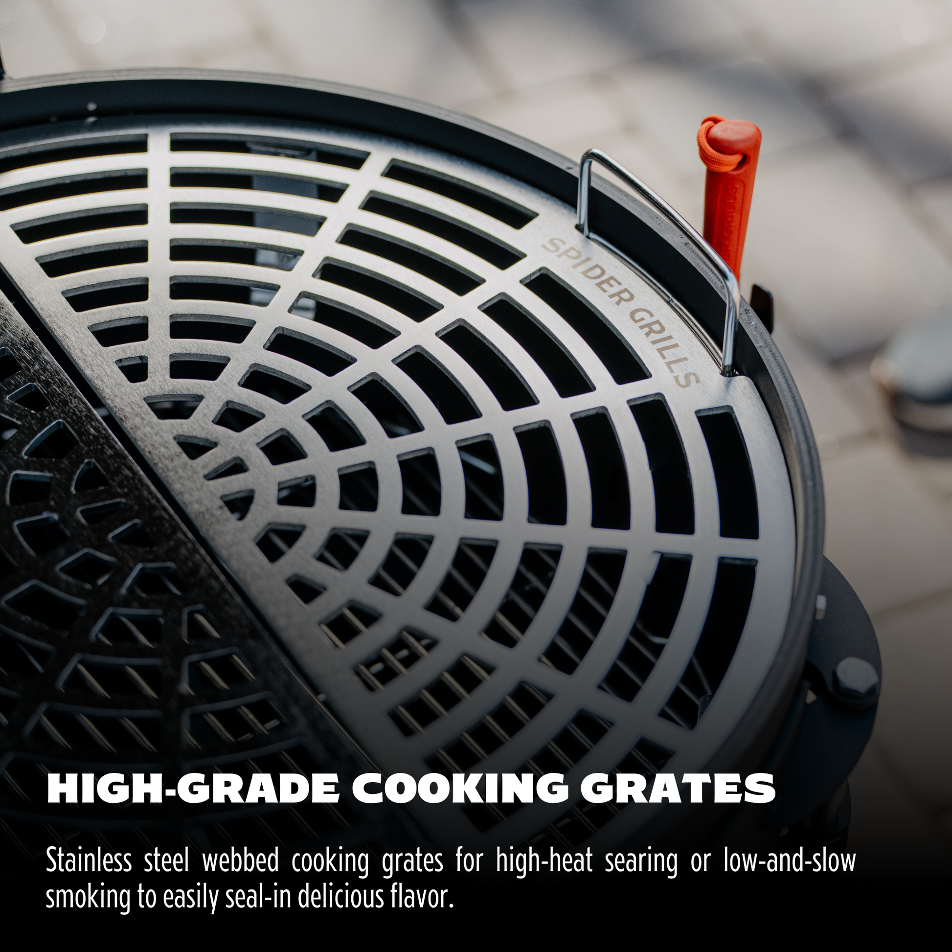 High-grade cooking grate with 'Spider Grills' branding on a blurred background