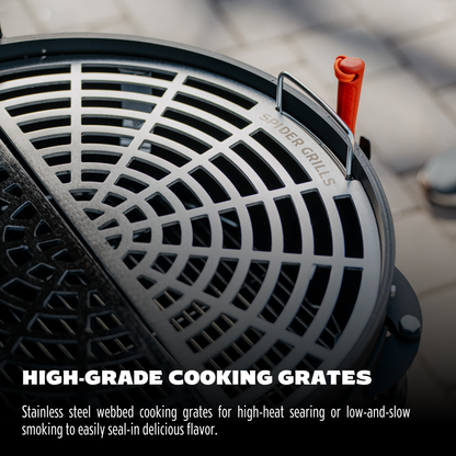 High-grade cooking grate with 'Spider Grills' branding on a blurred background