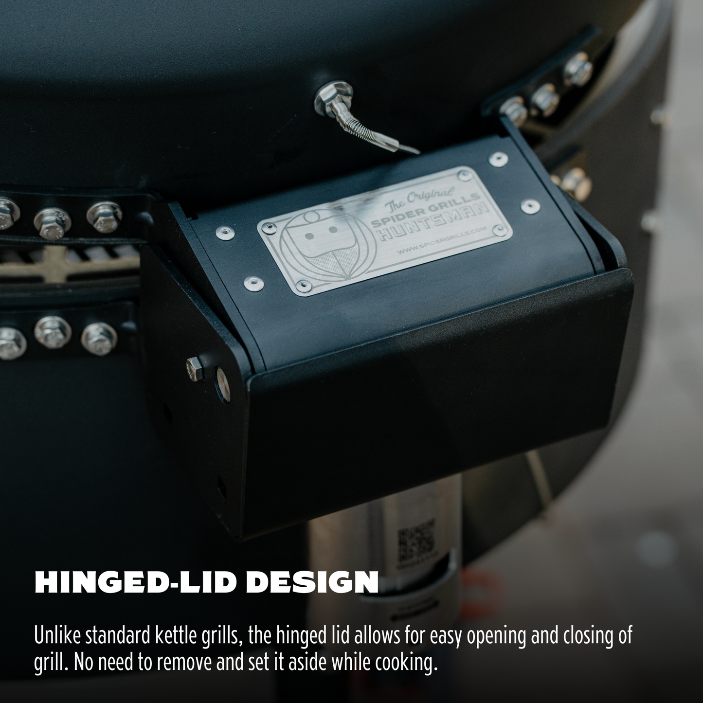 Hinged-lid design of a grill with branding and text explaining its features.