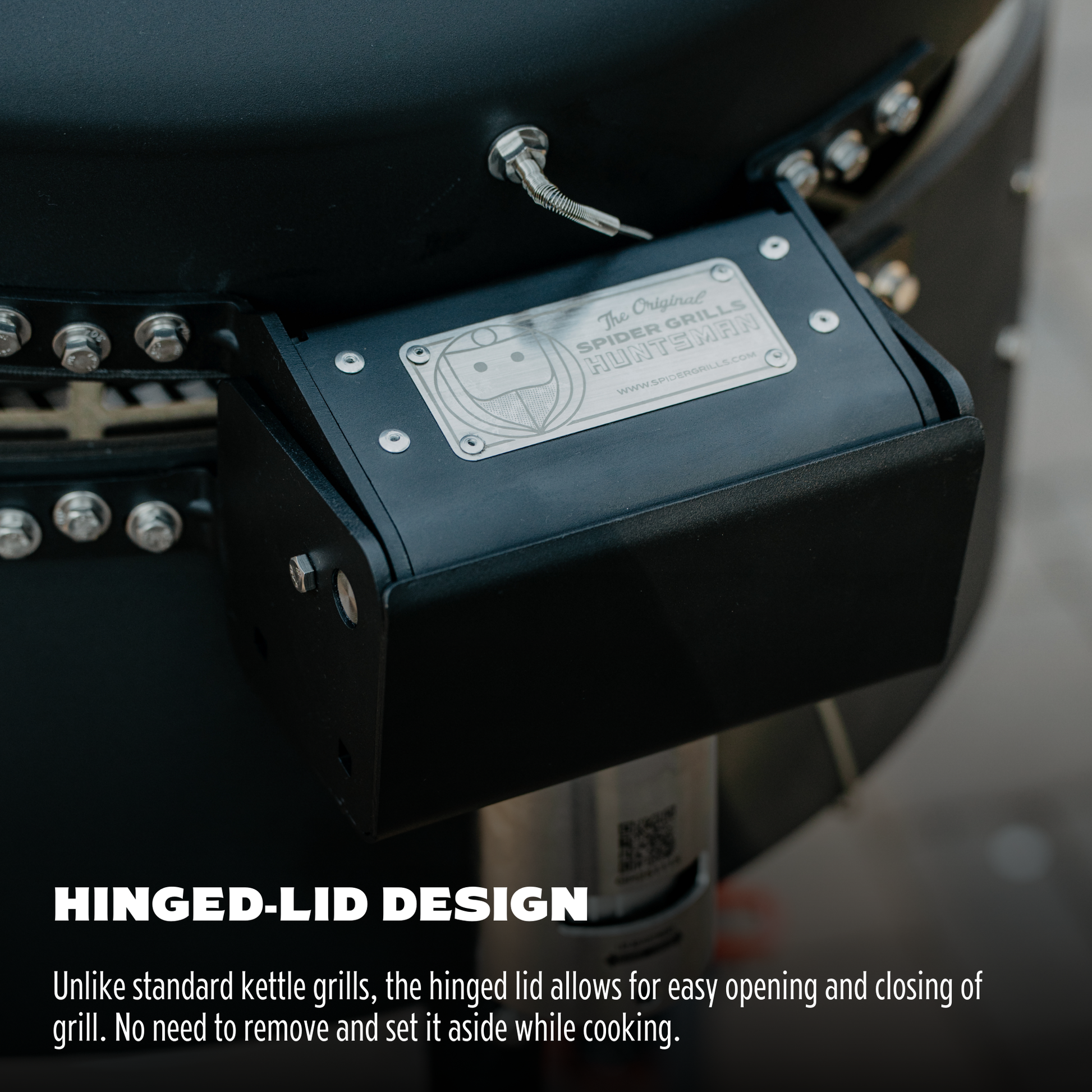 Hinged-lid design of a grill with branding and text explaining its features.