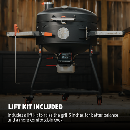 Black grill with a lift kit included, set against a wooden background.