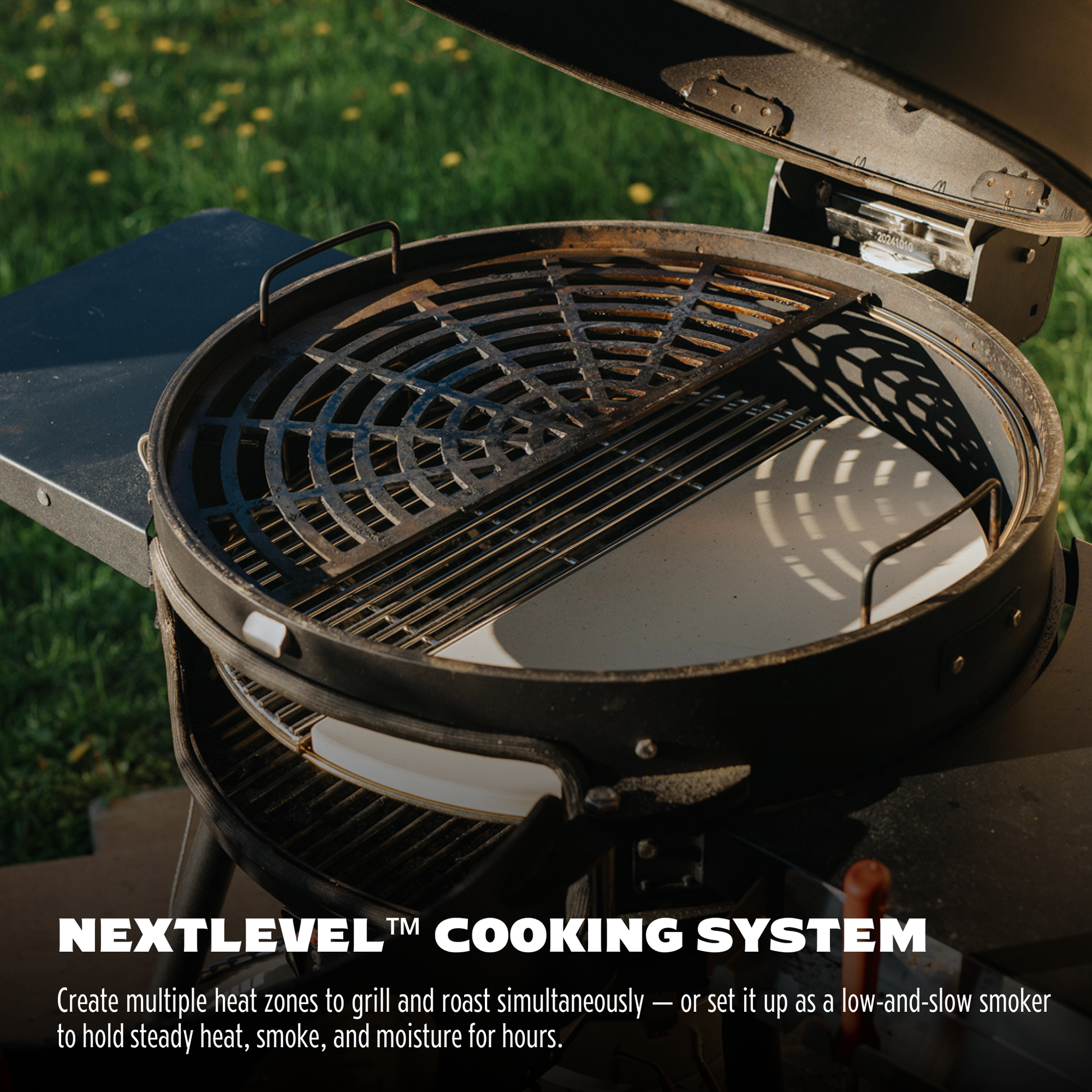 Grill with 'NextLevel Cooking System' text on a grassy background