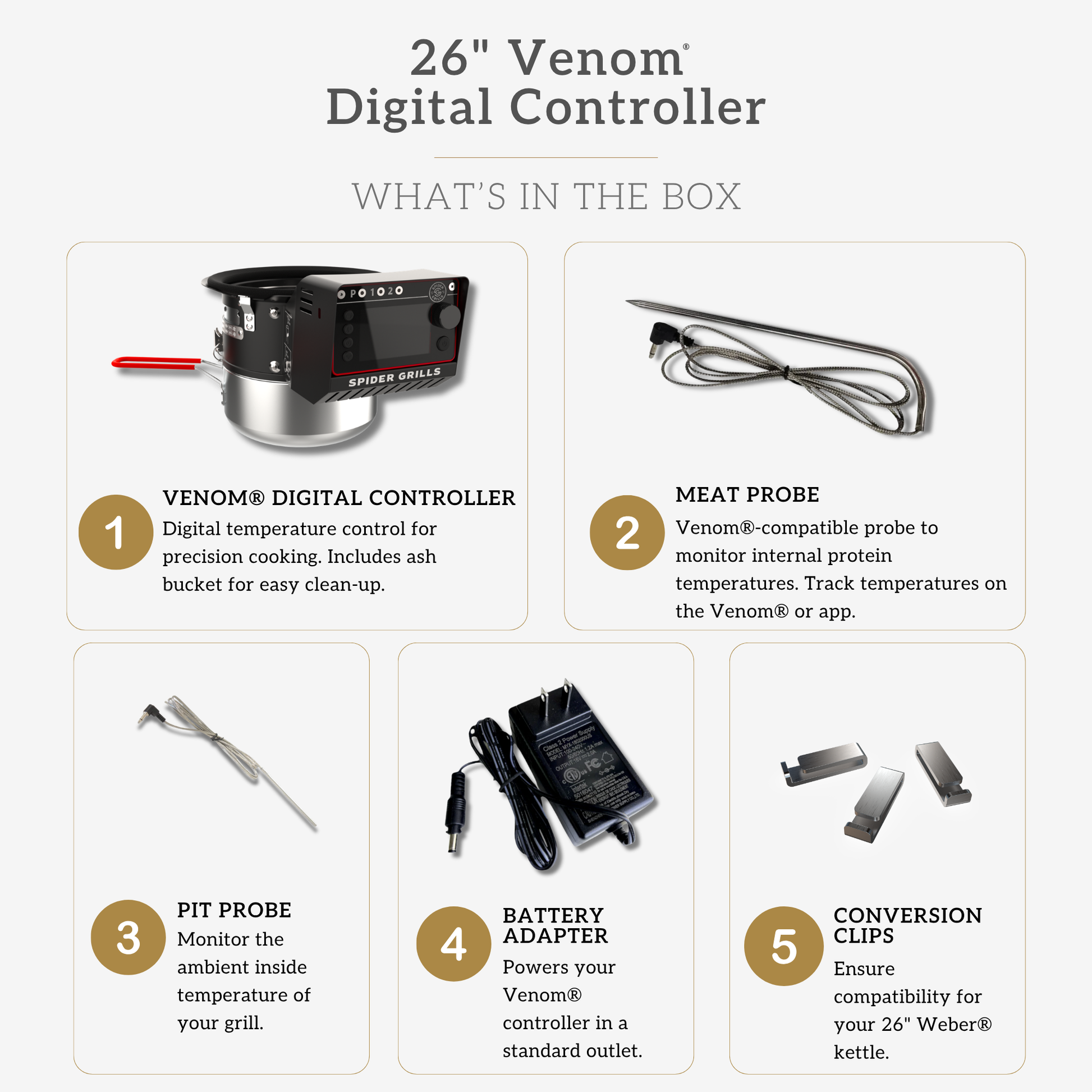 26” Venom Digital Controller packaging with list of included items on a white background