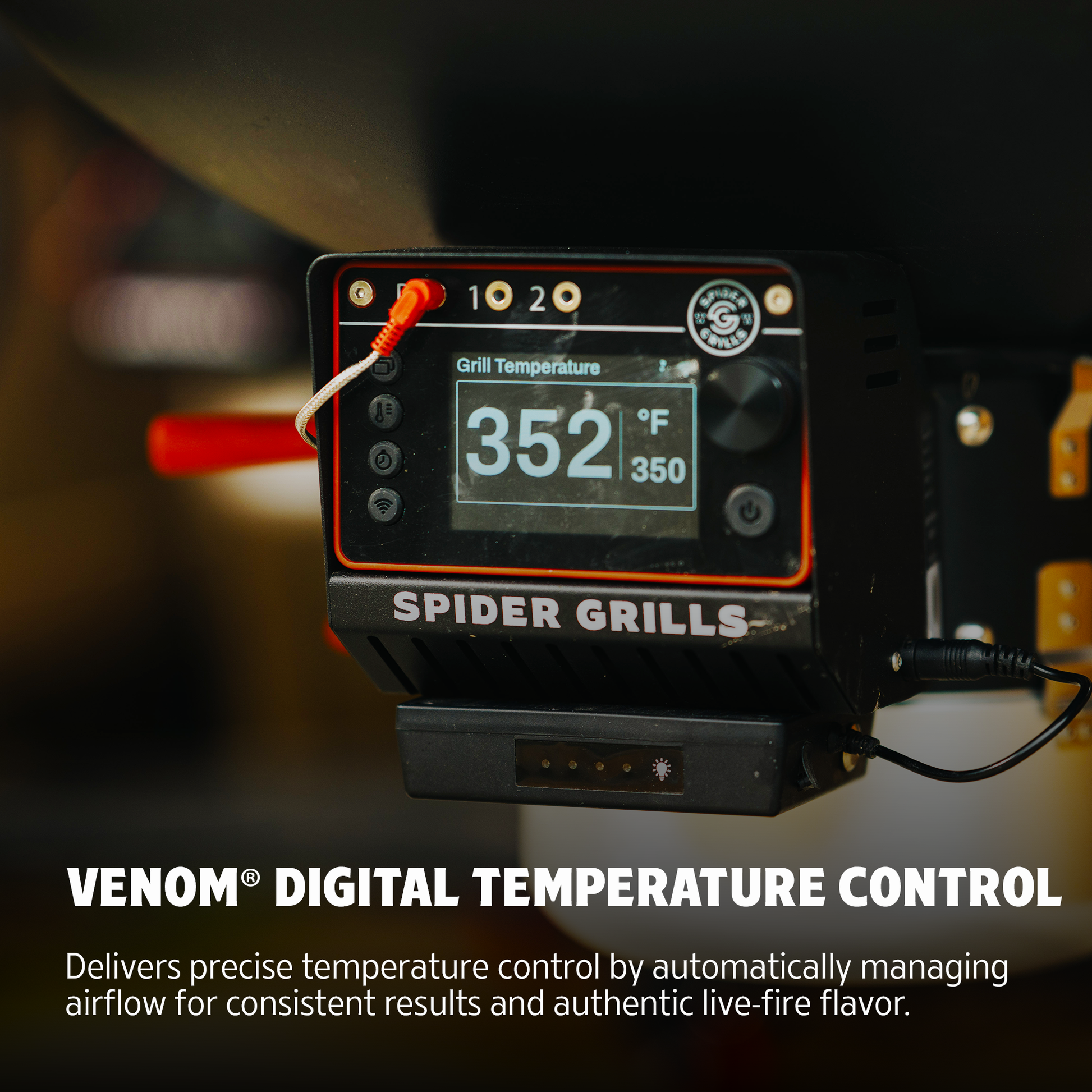 Spider Grills Venom Digital Temperature Control with display showing temperature on a blurred background