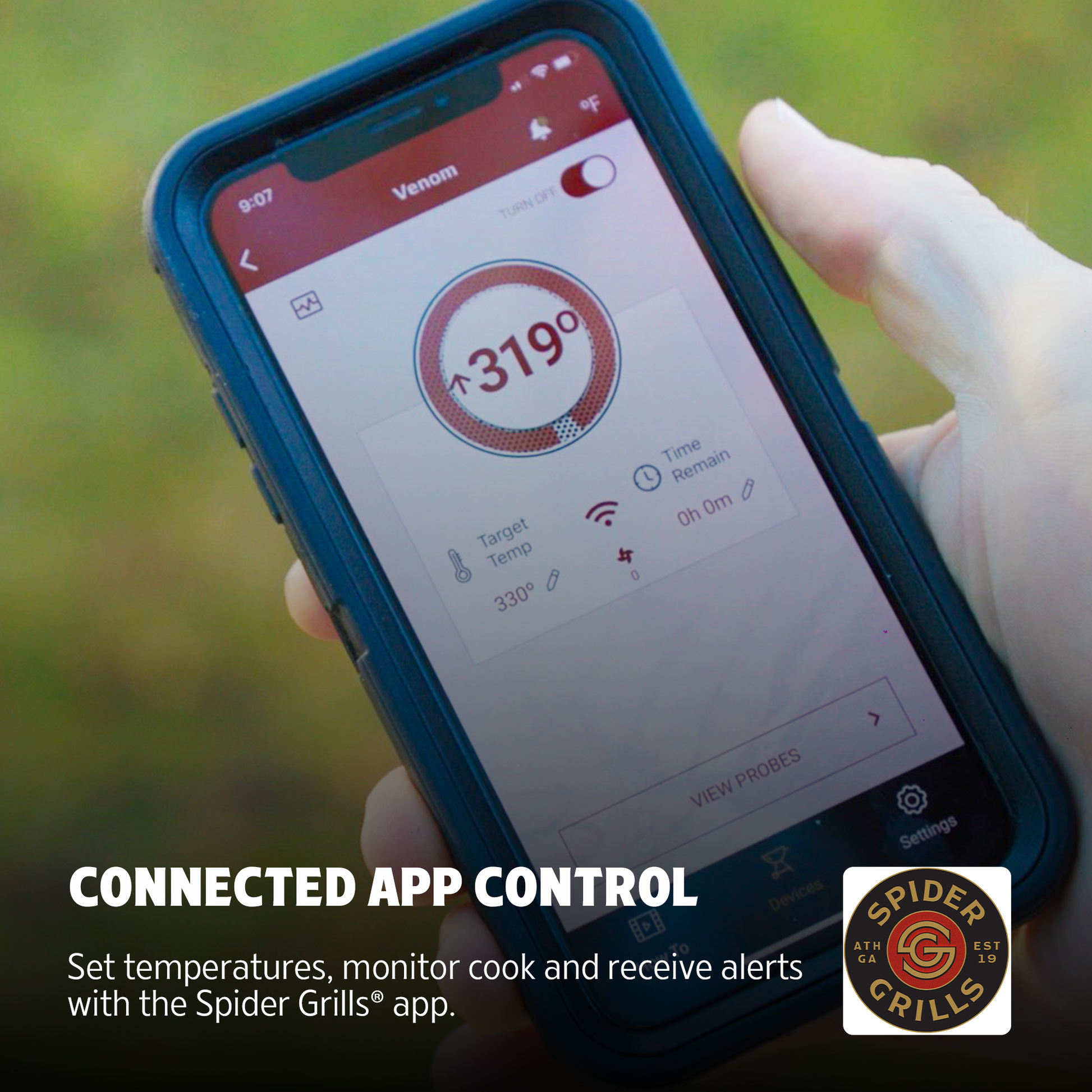 Smartphone with Spider Grills app displaying temperature control interface.