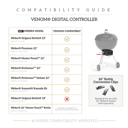 Compatibility guide for Venom Digital Controller with Weber grills on a white background