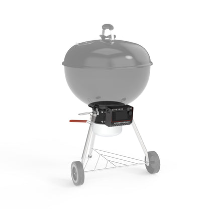 Gray charcoal grill with wheels on a white background