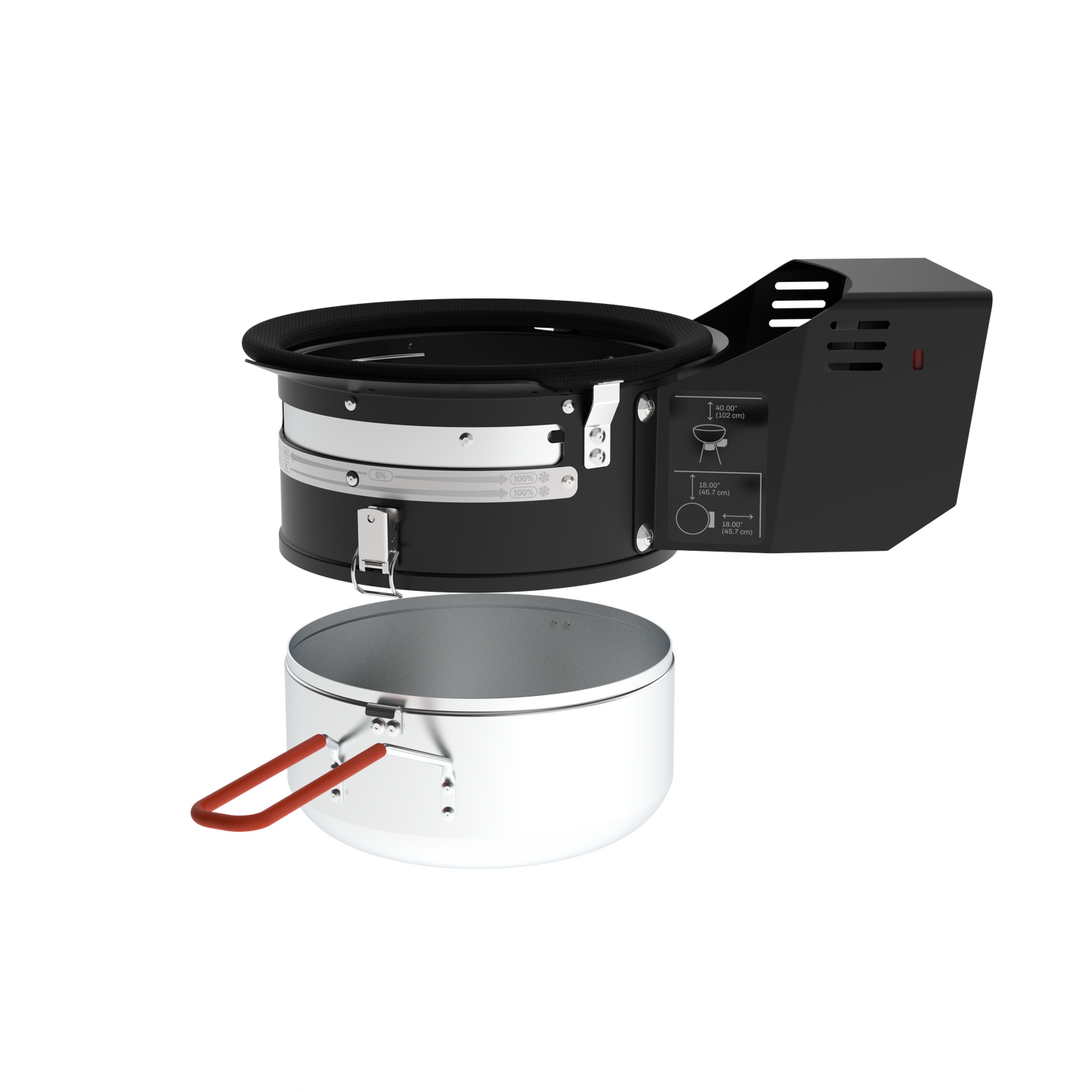 Black and silver portable stove with a pot on a white background