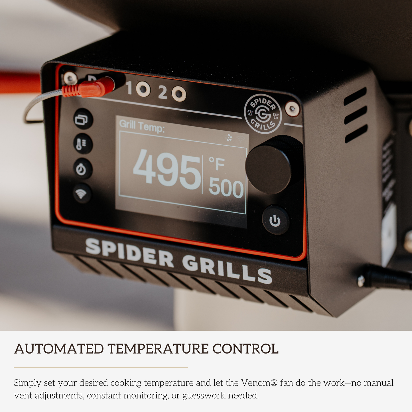 Spider Grills automated temperature control device with digital display on a neutral background