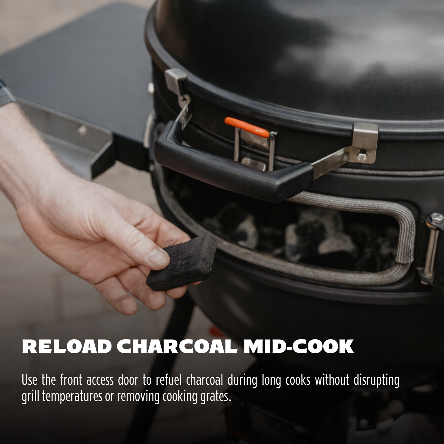 Person reloading charcoal into a grill with text on reloading during cooking.