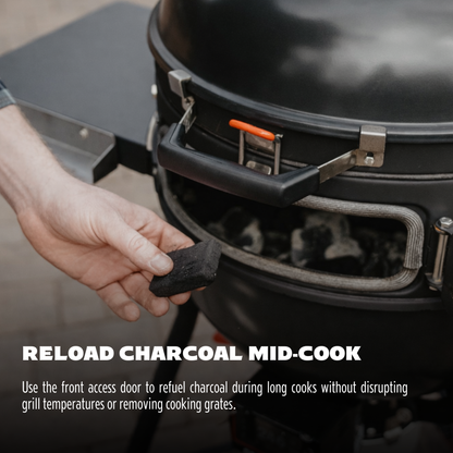 Person reloading charcoal into a grill with text on reloading during cooking.