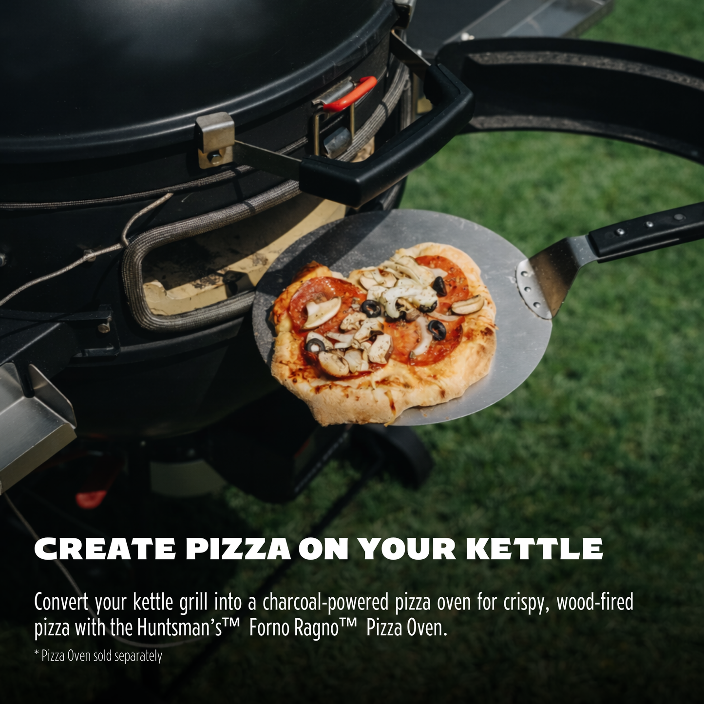 Pizza being placed on a kettle grill with text about creating pizza on a kettle grill.